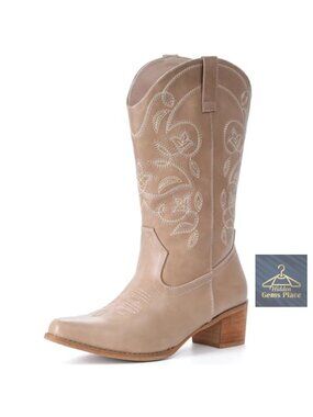 Cowboy Boots Wide Calf Pointy Toe Cowgirl Boots Faux Leather